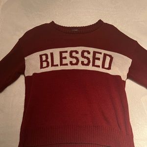 Red and white “blessed” sweater size xs